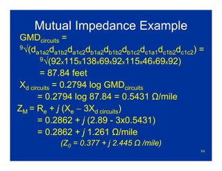 84
Mutual Impedance Example
GMDcircuits =
9√(da1a2da1b2da1c2db1a2db1b2db1c2dc1a1dc1b2dc1c2) =
9√(92x115x138x69x92x115x46x69x92)
= 87.84 feet
Xd circuits = 0.2794 log GMDcircuits
= 0.2794 log 87.84 = 0.5431 Ω/mile
ZM = Re + j (Xe − 3Xd circuits)
= 0.2862 + j (2.89 - 3x0.5431)
= 0.2862 + j 1.261 Ω/mile
(Z0 = 0.377 + j 2.445 Ω /mile)
 