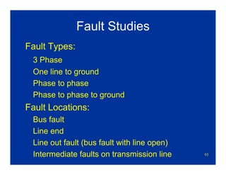93
Fault Studies
Fault Types:
3 Phase
One line to ground
Phase to phase
Phase to phase to ground
Fault Locations:
Bus fault
Line end
Line out fault (bus fault with line open)
Intermediate faults on transmission line
 