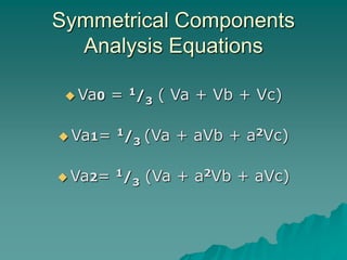 Symmetrical Components
Analysis Equations
 Va0 = 1/3 ( Va + Vb + Vc)
 Va1= 1/3 (Va + aVb + a2Vc)
 Va2= 1/3 (Va + a2Vb + aVc)
 