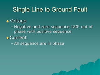 Single Line to Ground Fault
 Voltage
– Negative and zero sequence 180 out of
phase with positive sequence
 Current
– All sequence are in phase
 