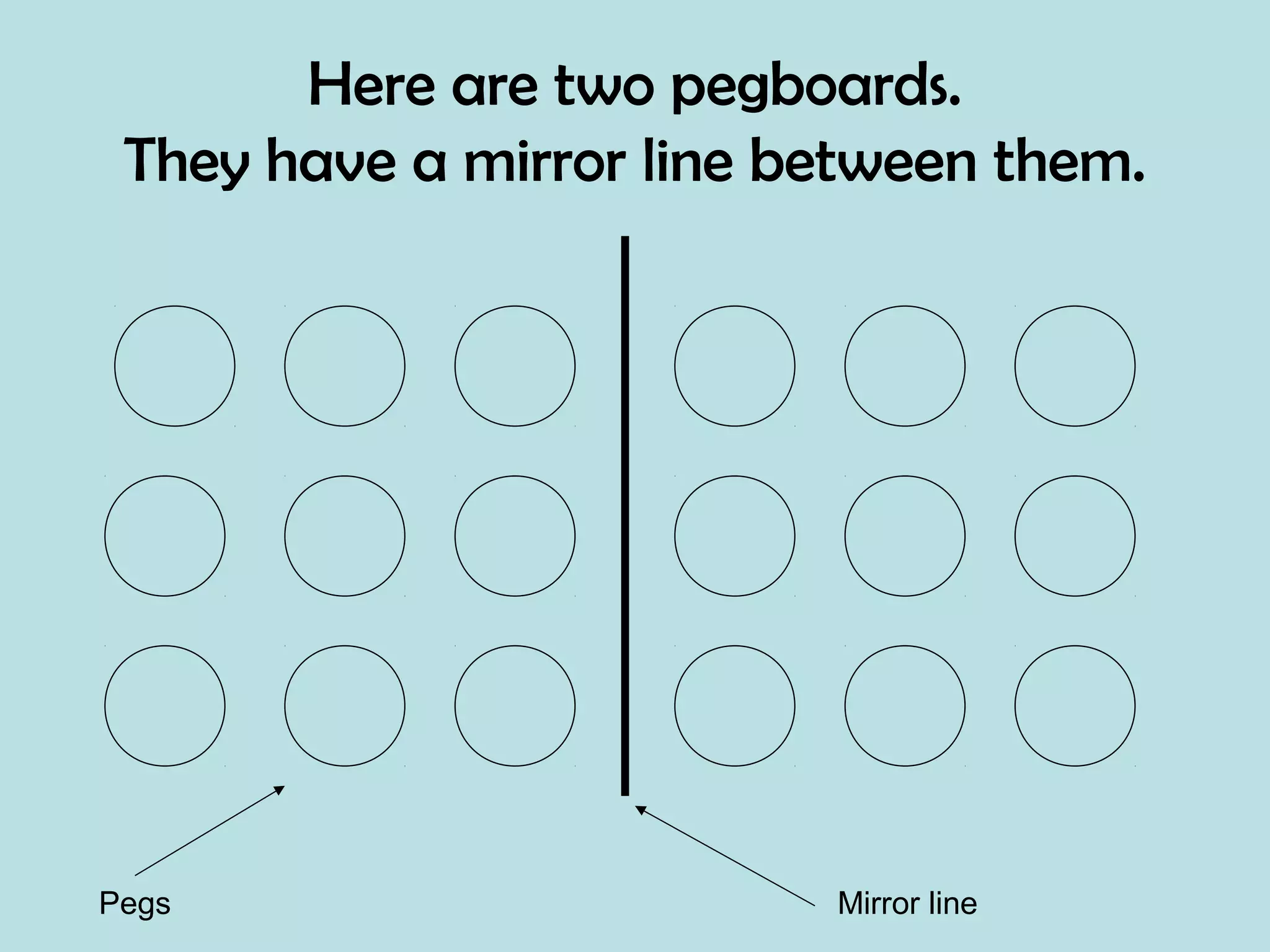 Here are two pegboards.
They have a mirror line between them.
Pegs Mirror line