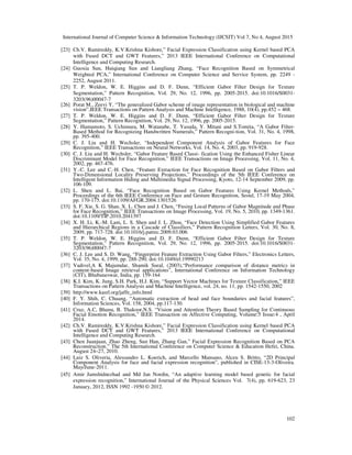 International Journal of Computer Science & Information Technology (IJCSIT) Vol 7, No 4, August 2015
102
[23] Ch.V. Ramireddy, K.V.Krishna Kishore,” Facial Expression Classification using Kernel based PCA
with Fused DCT and GWT Features,” 2013 IEEE International Conference on Computational
Intelligence and Computing Research.
[24] Guoxia Sun, Huiqiang Sun and Liangliang Zhang, “Face Recognition Based on Symmetrical
Weighted PCA,” International Conference on Computer Science and Service System, pp. 2249 -
2252, August 2011.
[25] T. P. Weldon, W. E. Higgins and D. F. Dunn, “Efficient Gabor Filter Design for Texture
Segmentation,” Pattern Recognition, Vol. 29, No. 12, 1996, pp. 2005-2015. doi:10.1016/S0031-
3203(96)00047-7
[26] Porat M., Zeevi Y, “The generalized Gabor scheme of image representation in biological and machine
vision”,IEEE Transactions on Pattern Analysis and Machine Intelligence, 1988, 10(4), pp.452 − 468.
[27] T. P. Weldon, W. E. Higgins and D. F. Dunn, “Efficient Gabor Filter Design for Texture
Segmentation,” Pattern Recognition, Vol. 29, No. 12, 1996, pp. 2005-2015.
[28] Y. Hamamoto, S. Uchimura, M. Watanabe, T. Yasuda, Y. Mitani and S.Tomita, “A Gabor Filter-
Based Method for Recognizing Handwritten Numerals,” Pattern Recogni-tion, Vol. 31, No. 4, 1998,
pp. 395-400.
[29] C. J. Liu and H. Wechsler, “Independent Component Analysis of Gabor Features for Face
Recognition,” IEEE Transactions on Neural Networks, Vol. 14, No. 4, 2003, pp. 919-928.
[30] C. J. Liu and H. Wechsler, “Gabor Feature Based Classi- fication Using the Enhanced Fisher Linear
Discriminant Model for Face Recognition,” IEEE Transactions on Image Processing, Vol. 11, No. 4,
2002, pp. 467-476.
[31] Y.-C. Lee and C.-H. Chen, “Feature Extraction for Face Recognition Based on Gabor Filters and
Two-Dimensional Locality Preserving Projections,” Proceedings of the 5th IEEE Conference on
Intelligent Information Hiding and Multimedia Signal Processing, Kyoto, 12-14 September 2009, pp.
106-109.
[32] L. Shen and L. Bai, “Face Recognition Based on Gabor Features Using Kernel Methods,”
Proceedings of the 6th IEEE Conference on Face and Gesture Recognition, Seoul, 17-19 May 2004,
pp. 170-175. doi:10.1109/AFGR.2004.1301526
[33] S. F. Xie, S. G. Shan, X. L. Chen and J. Chen, “Fusing Local Patterns of Gabor Magnitude and Phase
for Face Recognition,” IEEE Transactions on Image Processing, Vol. 19, No. 5, 2010, pp. 1349-1361.
doi:10.1109/TIP.2010.2041397
[34] X. H. Li, K.-M. Lam, L. S. Shen and J. L. Zhou, “Face Detection Using Simplified Gabor Features
and Hierarchical Regions in a Cascade of Classifiers,” Pattern Recognition Letters, Vol. 30, No. 8,
2009, pp. 717-728. doi:10.1016/j.patrec.2009.03.006
[35] T. P. Weldon, W. E. Higgins and D. F. Dunn, “Efficient Gabor Filter Design for Texture
Segmentation,” Pattern Recognition, Vol. 29, No. 12, 1996, pp. 2005-2015. doi:10.1016/S0031-
3203(96)00047-7
[36] C. J. Lee and S. D. Wang, “Fingerprint Feature Extraction Using Gabor Filters,” Electronics Letters,
Vol. 35, No. 4, 1999, pp. 288-290. doi:10.1049/el:19990213
[37] Vadivel,A K Majumdar, Shamik Sural, (2003),“Performance comparison of distance metrics in
content-based Image retrieval applications”, International Conference on Information Technology
(CIT), Bhubaneswar, India, pp. 159-164
[38] K.I. Kim, K. Jung, S.H. Park, H.J. Kim, “Support Vector Machines for Texture Classification,” IEEE
Transactions on Pattern Analysis and Machine Intelligence, vol. 24, no. 11, pp. 1542-1550, 2002
[39] http://www.kasrl.org/jaffe_info.html
[40] F. Y. Shih, C. Chuang, “Automatic extraction of head and face boundaries and facial features”,
Information Sciences, Vol. 158, 2004, pp.117-130.
[41] Cruz, A.C, Bhanu, B. Thakoor,N.S. “Vision and Attention Theory Based Sampling for Continuous
Facial Emotion Recognition,” IEEE Transaction on Affective Computing, Volume:5 Issue:4 , April
2014.
[42] Ch.V. Ramireddy, K.V.Krishna Kishore,” Facial Expression Classification using Kernel based PCA
with Fused DCT and GWT Features,” 2013 IEEE International Conference on Computational
Intelligence and Computing Research.
[43] Chen Juanjuan, Zhao Zheng, Sun Han, Zhang Gan,” Facial Expression Recognition Based on PCA
Reconstruction.” The 5th International Conference on Computer Science & Education Hefei, China.
August 24–27, 2010.
[44] Luiz S. Oliveria, Alessandro L. Koerich, and Marcello Mansano, Alceu S. Britto, “2D Principal
Component Analysis for face and facial expression recognition”, published in CISE-13-3-Oliveira.
May/June-2011.
[45] Amir Jamshidnezhad and Md Jan Nordin, “An adaptive learning model based genetic for facial
expression recognition,” International Journal of the Physical Sciences Vol. 7(4), pp. 619-623, 23
January, 2012, ISSN 1992 -1950 © 2012.
 