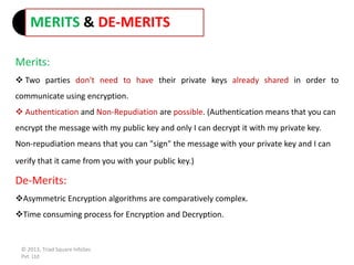 Merits:
 Two parties don't need to have their private keys already shared in order to
communicate using encryption.
 Authentication and Non-Repudiation are possible. (Authentication means that you can
encrypt the message with my public key and only I can decrypt it with my private key.
Non-repudiation means that you can "sign" the message with your private key and I can
verify that it came from you with your public key.)
De-Merits:
Asymmetric Encryption algorithms are comparatively complex.
Time consuming process for Encryption and Decryption.
MERITS & DE-MERITS
© 2013, Triad Square InfoSec
Pvt. Ltd
 