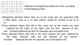 S E C U R
I/J T Y A B
D F G H K
L M N O P
Q V W X Z
Plaintext is encrypted two letters at a time, according
to the following rules:
1) Repeating plaintext letters that are in the same pair are separated with
a filler letter, such as x, so that pattern would be treated as pa tx te
rn.
2) Two plaintext letters that fall in the same row of the matrix are each
replaced by the letter to the right, with the first element of the
row circularly following the last. For example, op is encrypted as PL.
3) Two plaintext letters that fall in the same column are each replaced by
the letter beneath, with the top element of the column
circularly following the last. For example, mv is encrypted as VE.
 