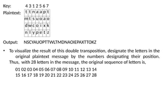 Key:
Plaintext:
4 3 1 2 5 6 7
t t n a a p t
m t s u o a o
d w c o i x k
n l y p e t z
Output: NSCYAUOPTTWLTMDNAOIEPAXTTOKZ
• To visualize the result of this double transposition, designate the letters in the
original plaintext message by the numbers designating their position.
Thus, with 28 letters in the message, the original sequence of letters is,
01 02 03 04 05 06 07 08 09 10 11 12 13 14
15 16 17 18 19 20 21 22 23 24 25 26 27 28
 
