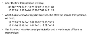 • After the first transposition we have,
03 10 17 24 04 11 18 25 02 09 16 23 01 08
15 22 05 12 19 26 06 13 20 27 07 14 21 28
• which has a somewhat regular structure. But after the second transposition,
we have,
17 09 05 27 24 16 12 07 10 02 22 20 03 25
15 13 04 23 19 14 11 01 26 21 18 08 06 28
• This is a much less structured permutation and is much more difficult to
cryptanalyze.
 