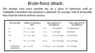 Brute-force attack:
The attacker tries every possible key on a piece of ciphertext until an
intelligible translation into plaintext is obtained. On average, half of all possible
keys must be tried to achieve success.
 