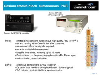 PAGE 12
Cesium atomic clock autonomous PRS
Telecom Cs / ETSI / 12 years tube
famous 5071A Cs
80% weight in UTC
Pro‘s: - strategic independent, autonomous high quality PRS (x 10-12 )
- up and running within 30 minutes after power on
- no external reference signals required
- no antenna installations required
- long life time tubes, warranty up to 12 years
- Cesium beam no frequency aging behavior (Rb, Maser age)
- self controlled, alarm indication
Con‘s: - expensive compared to GNSS Receiver
- Cs beam tube needs to be replaced after 12 years typical
- ToD outputs require initial time synchronization
 