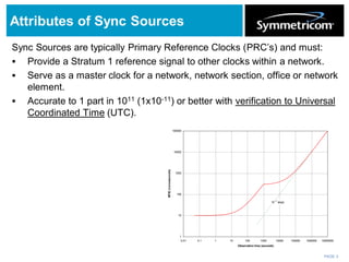 PAGE 3
Attributes of Sync Sources
Sync Sources are typically Primary Reference Clocks (PRC’s) and must:
 Provide a Stratum 1 reference signal to other clocks within a network.
 Serve as a master clock for a network, network section, office or network
element.
 Accurate to 1 part in 1011 (1x10-11) or better with verification to Universal
Coordinated Time (UTC).
1
10
100
1000
10000
100000
0.01 0.1 1 10 100 1000 10000 100000 1000000 10000000
Observation time (seconds)
MTIE(nonoseconds)
10-11
slope
 