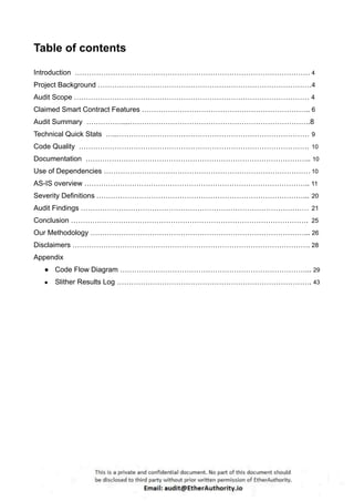 Table of contents
Introduction ……………………………………………………………………………………… 4
Project Background ………………………………………………………………………………4
Audit Scope ……………………………………………………………………………………… 4
Claimed Smart Contract Features …………………………………………………………….. 6
Audit Summary ……………....………………………………………………………………….8
Technical Quick Stats …..……………………………………………………………………… 9
Code Quality ……………………………………………………………………………………. 10
Documentation ………………………………………………………………………………….. 10
Use of Dependencies …………………………………………………………………………… 10
AS-IS overview ………………………………………………………………………………….. 11
Severity Definitions ……………………………………………………………………………... 20
Audit Findings …………………………………………………………………………………… 21
Conclusion ………………………………………………………………………………………. 25
Our Methodology ………………………………………………………………………………... 26
Disclaimers ………………………………………………………………………………………. 28
Appendix
● Code Flow Diagram ……………………………………………………………………... 29
● Slither Results Log ………………………………………………………………………. 43
 