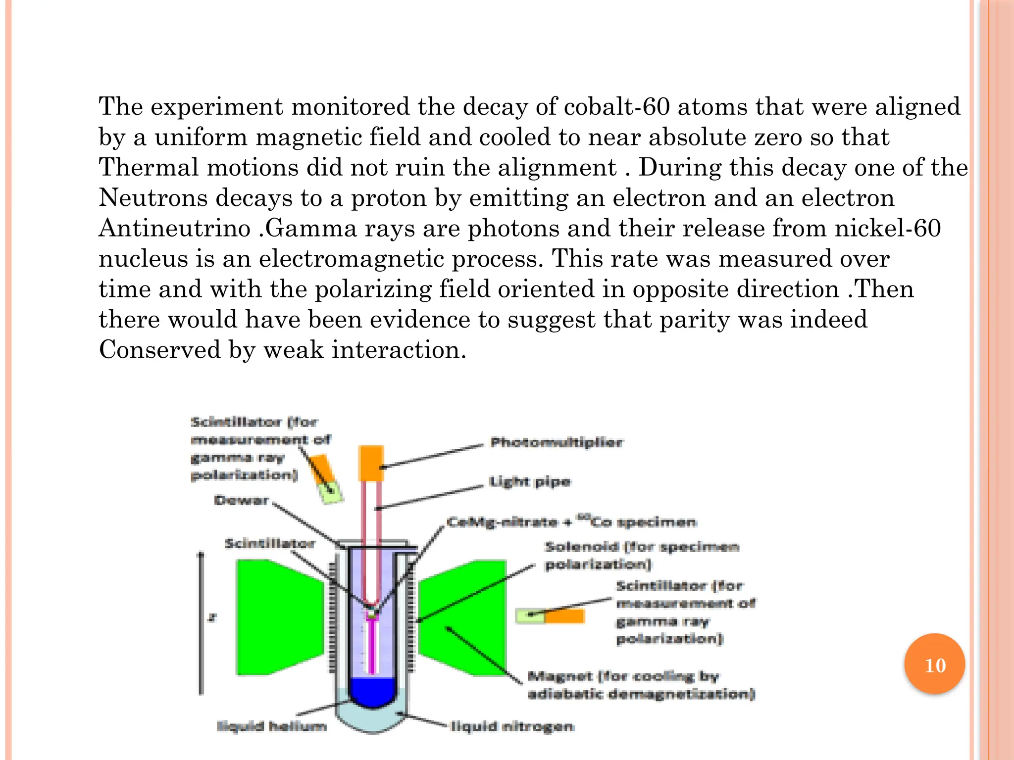 10
The experiment monitored the decay of cobalt-60 atoms that were aligned
by a uniform magnetic field and cooled to near absolute zero so that
Thermal motions did not ruin the alignment . During this decay one of the
Neutrons decays to a proton by emitting an electron and an electron
Antineutrino .Gamma rays are photons and their release from nickel-60
nucleus is an electromagnetic process. This rate was measured over
time and with the polarizing field oriented in opposite direction .Then
there would have been evidence to suggest that parity was indeed
Conserved by weak interaction.
 