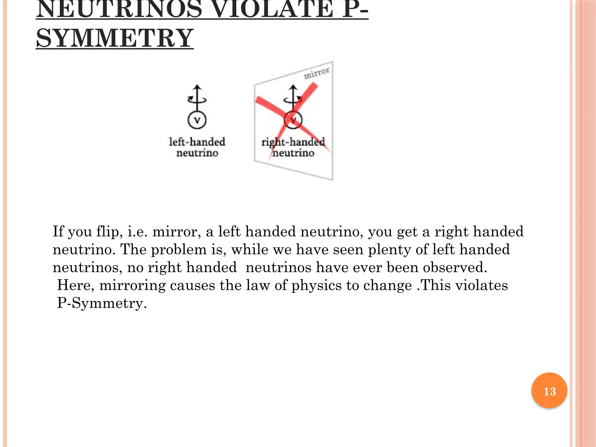 13
NEUTRINOS VIOLATE P-
SYMMETRY
If you flip, i.e. mirror, a left handed neutrino, you get a right handed
neutrino. The problem is, while we have seen plenty of left handed
neutrinos, no right handed neutrinos have ever been observed.
Here, mirroring causes the law of physics to change .This violates
P-Symmetry.
 