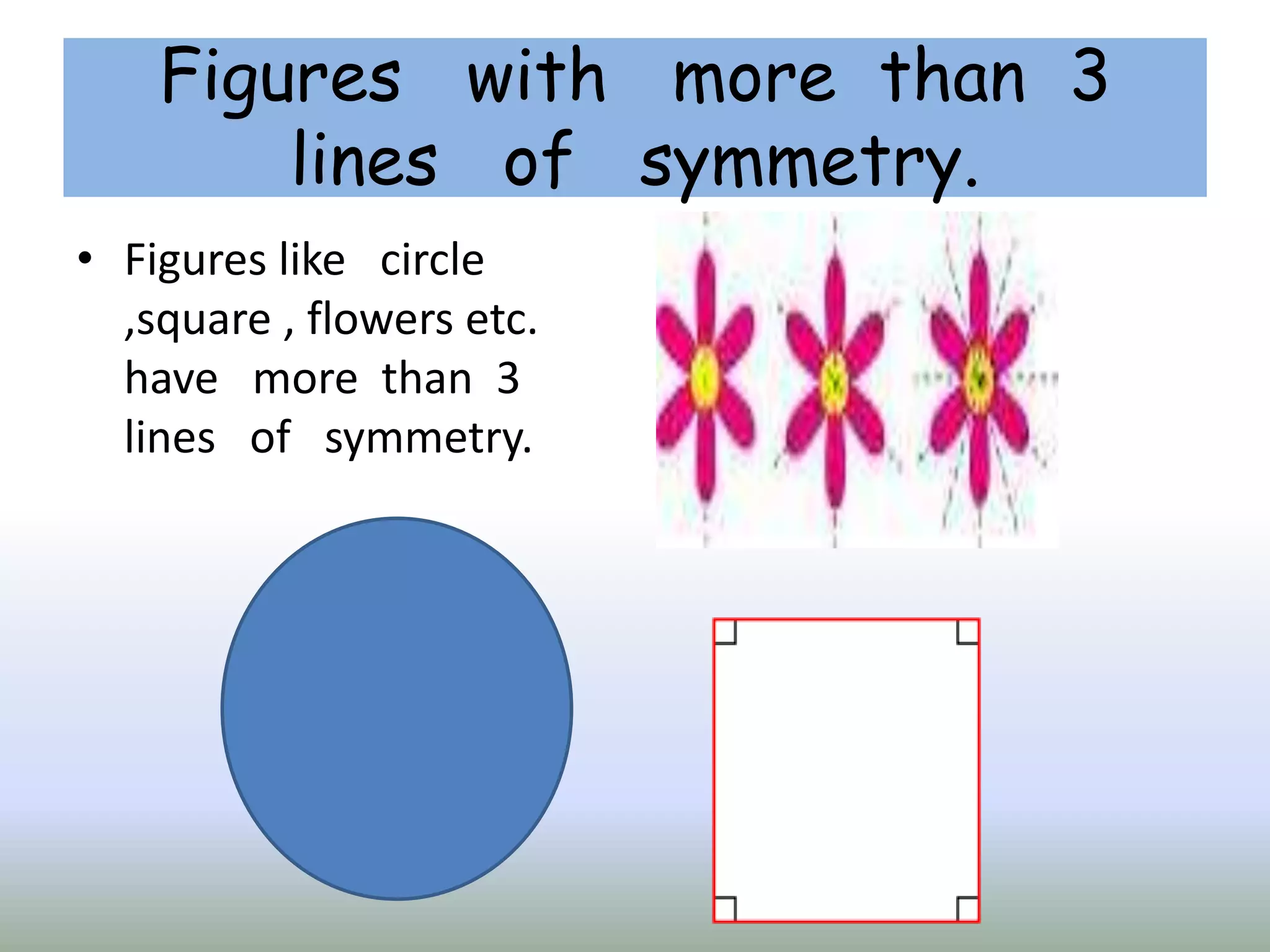 Figures with more than 3
lines of symmetry.
• Figures like circle
,square , flowers etc.
have more than 3
lines of symmetry.
 