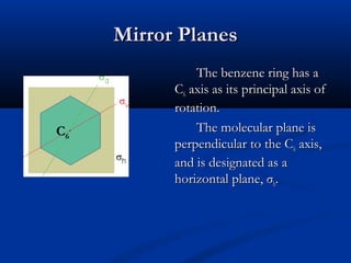 MMiirrrroorr PPllaanneess 
TThhee bbeennzzeennee rriinngg hhaass aa 
CC6 aaxxiiss aass iittss pprriinncciippaall aaxxiiss ooff 
rroottaattiioonn.. 
TThhee mmoolleeccuullaarr ppllaannee iiss 
ppeerrppeennddiiccuullaarr ttoo tthhee CC6 aaxxiiss,, 
aanndd iiss ddeessiiggnnaatteedd aass aa 
hhoorriizzoonnttaall ppllaannee,, σσhh.. 
C6 
. 
 