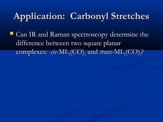 AApppplliiccaattiioonn:: CCaarrbboonnyyll SSttrreettcchheess 
 CCaann IIRR aanndd RRaammaann ssppeeccttrroossccooppyy ddeetteerrmmiinnee tthhee 
ddiiffffeerreennccee bbeettwweeeenn ttwwoo ssqquuaarree ppllaannaarr 
ccoommpplleexxeess:: cciiss--MMLL22((CCOO)22 aanndd ttrraannss--MMLL22((CCOO)22?? 
 