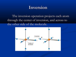 IInnvveerrssiioonn 
TThhee iinnvveerrssiioonn ooppeerraattiioonn pprroojjeeccttss eeaacchh aattoomm 
tthhrroouugghh tthhee cceenntteerr ooff iinnvveerrssiioonn,, aanndd aaccrroossss ttoo 
tthhee ootthheerr ssiiddee ooff tthhee mmoolleeccuullee.. 
 