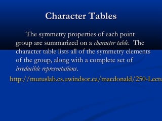 CChhaarraacctteerr TTaabblleess 
TThhee ssyymmmmeettrryy pprrooppeerrttiieess ooff eeaacchh ppooiinntt 
ggrroouupp aarree ssuummmmaarriizzeedd oonn aa cchhaarraacctteerr ttaabbllee.. TThhee 
cchhaarraacctteerr ttaabbllee lliissttss aallll ooff tthhee ssyymmmmeettrryy eelleemmeennttss 
ooff tthhee ggrroouupp,, aalloonngg wwiitthh aa ccoommpplleettee sseett ooff 
iirrrreedduucciibbllee rreepprreesseennttaattiioonnss.. 
hhttttpp::////mmuuttuussllaabb..ccss..uuwwiinnddssoorr..ccaa//mmaaccddoonnaalldd//225500--LLeeccttuurreeNNootteess// 