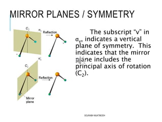 MIRROR PLANES / SYMMETRY
The subscript “v” in
σv, indicates a vertical
plane of symmetry. This
indicates that the mirror
plane includes the
principal axis of rotation
(C2).
SOURABH MUKTIBODH
 