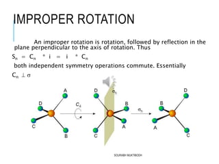 IMPROPER ROTATION
An improper rotation is rotation, followed by reflection in the
plane perpendicular to the axis of rotation. Thus
Sn = Cn * i = i * Cn
both independent symmetry operations commute. Essentially
Cn  
SOURABH MUKTIBODH
 