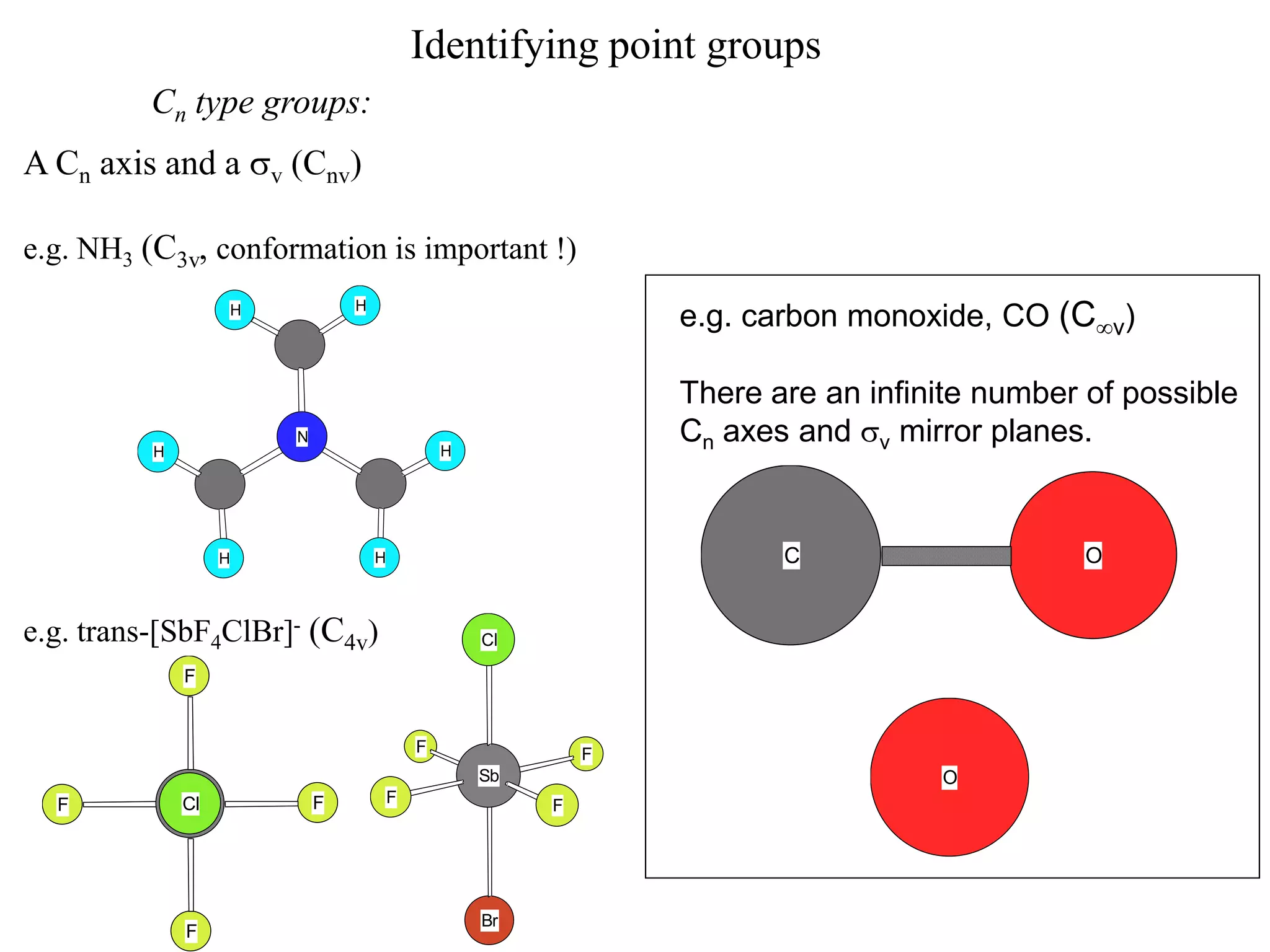 Identifying point groups
          Cn type groups:
A Cn axis and a sv (Cnv)

e.g. NH3 (C3v, conformation is important !)
                                   H
                       H
                                                                    e.g. carbon monoxide, CO (Cv)
                           H


                                                                    There are an infinite number of possible
          H
                           N
                                                   H
                                                                    Cn axes and sv mirror planes.
                   H                   H



                   H                   H                                   C                     O


e.g. trans-[SbF4ClBr]- (C4v)                           Cl

              F


                                               F                F
                                                       Sb                             O
                                                                                      C
  F           Sb
              Br
              Cl               F           F                F




                                                       Br
              F
 