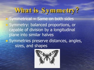 Basic Types of Symmetry Vertical Line Horizontal Line Line Symmetry: when one half of an image is the  mirror image of the other half.  