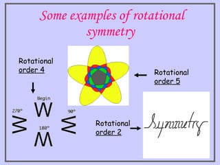 Some examples of rotational
symmetry
Rotational
order 5
Rotational
order 2
Rotational
order 4
 