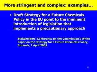 More stringent and complex: examples… Draft Strategy for a Future Chemicals Policy in the EU point to the imminent introduction of legislation that implements a precautionary approach Stakeholders' Conference on the Commission's White Paper on the Strategy for a Future Chemicals Policy, Brussels, 2 April 2002 