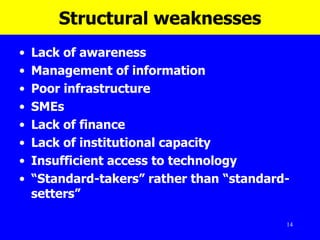 Structural weaknesses Lack of awareness  Management of information  Poor infrastructure SMEs Lack of finance Lack of institutional capacity Insufficient access to technology “ Standard-takers” rather than “standard-setters”  