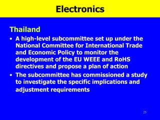 Electronics Thailand A high-level subcommittee set up under the National Committee for International Trade and Economic Policy to monitor the development of the EU WEEE and RoHS directives and propose a plan of action  The subcommittee has commissioned a study to investigate the specific implications and adjustment requirements   