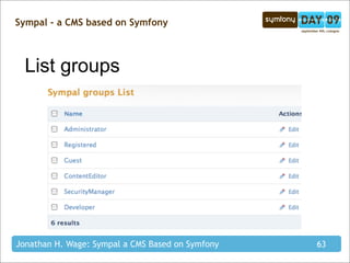 Sympal - a CMS based on Symfony



  List groups




Jonathan H. Wage: Sympal a CMS Based on Symfony   63
 
