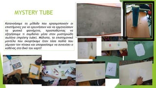 MYSTERY TUBE
Κατανοήσαμε τη μέθοδο που χρησιμοποιούν οι
επιστήμονες για να ερευνήσουν και να ερμηνεύσουν
τα φυσικά φαινόμενα, προσπαθώντας να
εξηγήσουμε τι συμβαίνει μέσα στον μυστηριώδη
σωλήνα (mystery tube). Μάλιστα, τα επιστημονικά
μοντέλα που σκεφτήκαμε ήταν τόσα πολλά που
γέμισαν τον πίνακα και αποφασίσαμε να συνεχίσει ο
καθένας στο δικό του χαρτί!
 