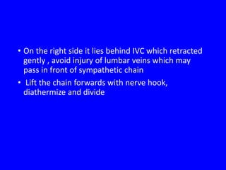 • On the right side it lies behind IVC which retracted
gently , avoid injury of lumbar veins which may
pass in front of sympathetic chain
• Lift the chain forwards with nerve hook,
diathermize and divide
 