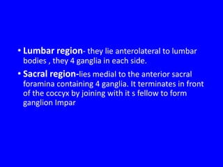 • Lumbar region- they lie anterolateral to lumbar
bodies , they 4 ganglia in each side.
• Sacral region-lies medial to the anterior sacral
foramina containing 4 ganglia. It terminates in front
of the coccyx by joining with it s fellow to form
ganglion Impar
 