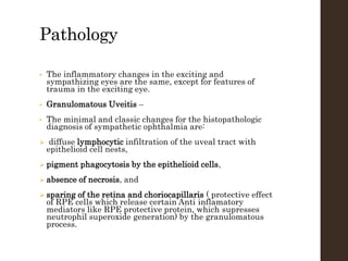 Pathology
• The inflammatory changes in the exciting and
sympathizing eyes are the same, except for features of
trauma in the exciting eye.
• Granulomatous Uveitis –
• The minimal and classic changes for the histopathologic
diagnosis of sympathetic ophthalmia are:
 diffuse lymphocytic infiltration of the uveal tract with
epithelioid cell nests,
 pigment phagocytosis by the epithelioid cells,
 absence of necrosis, and
 sparing of the retina and choriocapillaris ( protective effect
of RPE cells which release certain Anti inflamatory
mediators like RPE protective protein, which supresses
neutrophil superoxide generation) by the granulomatous
process.
 