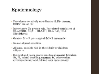 Epidemiology
• Prevalence: relatively rare disease (0.2%- trauma,
0.01%- ocular Sx)
• Inheritance: No proven role. Postulated correlation of
HLA DRB1, DQA1 . HLAA11, HLA-B40, HLA-
DR4/DRw53.
• Gender: M = F postsurgical; M > F traumatic
• No racial predisposition
• All ages, possible risk in the elderly or children
<10years.
• Surgical and Laser procedures like glaucoma filtration
Sx, PI, scleral buckling, cataract Sx, evisceration,
cyclocryotherapy and Nd:Yag laser cyclotherapy.
 
