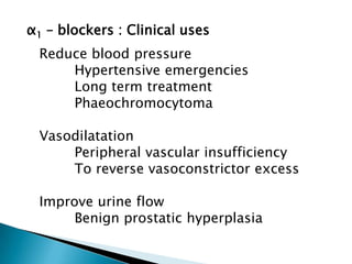 α1 – blockers : Clinical uses
Reduce blood pressure
Hypertensive emergencies
Long term treatment
Phaeochromocytoma
Vasodilatation
Peripheral vascular insufficiency
To reverse vasoconstrictor excess
Improve urine flow
Benign prostatic hyperplasia
 
