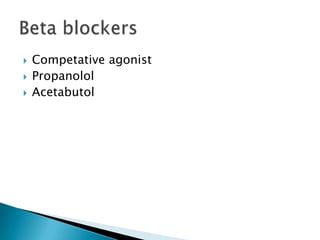  Competative agonist
 Propanolol
 Acetabutol
 