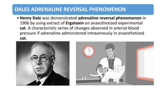 DALES ADRENALINE REVERSAL PHENOMENON
• Henry Dale was demonstrated adrenaline reversal phenomenon in
1906 by using extract of Ergotoxin on anaesthetized experimental
cat. A characteristic series of changes observed in arterial blood
pressure if adrenaline administered intravenously in anaesthetized
cat.
 