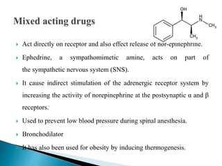  Act directly on receptor and also effect release of nor-epinephrine.
 Ephedrine, a sympathomimetic amine, acts on part of
the sympathetic nervous system (SNS).
 It cause indirect stimulation of the adrenergic receptor system by
increasing the activity of norepinephrine at the postsynaptic α and β
receptors.
 Used to prevent low blood pressure during spinal anesthesia.
 Bronchodilator
 It has also been used for obesity by inducing thermogenesis.
 