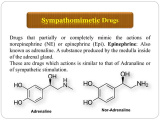 Drugs that partially or completely mimic the actions of
norepinephrine (NE) or epinephrine (Epi). Epinephrine: Also
known as adrenaline. A substance produced by the medulla inside
of the adrenal gland.
These are drugs which actions is similar to that of Adranaline or
of sympathetic stimulation.
Sympathomimetic Drugs
Adrenaline Nor-Adrenaline
 