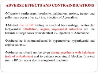 ADVERSE EFFECTS AND CONTRAINDICATIONS
Transient restlessness, headache, palpitation, anxiety, tremor and
pallor may occur after s.c./ i.m. injection of Adrenaline.
Marked rise in BP leading to cerebral haemorrhage, ventricular
tachycardia/ fibrillation, angina, myocardial infarction are the
hazards of large doses or inadvertent i.v. injection of Adrenaline.
Adrenaline is contraindicated in hypertensive, hyperthyroid and
angina patients.
Adrenaline should not be given during anesthesia with halothane
(risk of arrhythmias) and to patients receiving β blockers (marked
rise in BP can occur due to unopposed α action).
 