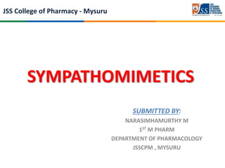 JSS College of Pharmacy - Mysuru
SYMPATHOMIMETICS
SUBMITTED BY:
NARASIMHAMURTHY M
1ST M PHARM
DEPARTMENT OF PHARMACOLOGY
JSSCPM , MYSURU
 