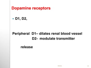 Dopamine receptors
 D1, D2,
Peripheral D1– dilates renal blood vessel
D2- modulate transmitter
release
13PATKI
 