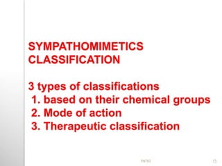 SYMPATHOMIMETICS
CLASSIFICATION
3 types of classifications
1. based on their chemical groups
2. Mode of action
3. Therapeutic classification
15PATKI
 