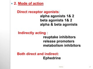  2. Mode of action
Direct receptor agonists:
alpha agonists 1& 2
beta agonists 1& 2
alpha & beta agonists
Indirectly acting :
reuptake inhibitors
release promoters
metabolism inhibitors
Both direct and indirect:
Ephedrine
17PATKI
 
