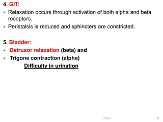 4. GIT:
 Relaxation occurs through activation of both alpha and beta
receptors.
 Peristalsis is reduced and sphincters are constricted.
5. Bladder:
 Detrusor relaxation (beta) and
 Trigone contraction (alpha)
Difficulty in urination
30PATKI
 