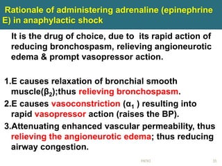 Rationale of administering adrenaline (epinephrine
E) in anaphylactic shock
It is the drug of choice, due to its rapid action of
reducing bronchospasm, relieving angioneurotic
edema & prompt vasopressor action.
1.E causes relaxation of bronchial smooth
muscle(β2);thus relieving bronchospasm.
2.E causes vasoconstriction (α1 ) resulting into
rapid vasopressor action (raises the BP).
3.Attenuating enhanced vascular permeability, thus
relieving the angioneurotic edema; thus reducing
airway congestion.
35PATKI
 