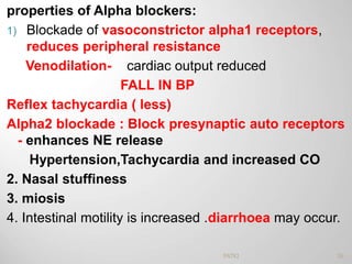 properties of Alpha blockers:
1) Blockade of vasoconstrictor alpha1 receptors,
reduces peripheral resistance
Venodilation- cardiac output reduced
FALL IN BP
Reflex tachycardia ( less)
Alpha2 blockade : Block presynaptic auto receptors
- enhances NE release
Hypertension,Tachycardia and increased CO
2. Nasal stuffiness
3. miosis
4. Intestinal motility is increased .diarrhoea may occur.
56PATKI
 