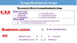 2
Sympathomimetic drugs
The general effects of sympathomimetic drugs
C.V.S Heart (β1 receptor)
1) ↑ Contractility (+ ve Inotropic effect)
2) ↑ Heart rate (+ ve Chronotropic effect)
3) ↑ Conductivity (+ ve Dromotropic effect)
Blood vessels
1) α1  V.C of B.V of skin and mucous membrane, kidney, GIT
2) β2  V.D of B.V of skeletal muscle, liver
Respiratory system β2  Bronchodilatation
GIT  Sphincter part  α  Contract
 Non sphincter part  α & β  Relaxes
 