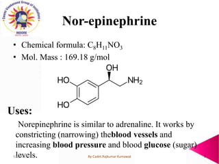 Nor-epinephrine
• Chemical formula: C8H11NO3
• Mol. Mass : 169.18 g/mol
Uses:
Norepinephrine is similar to adrenaline. It ...